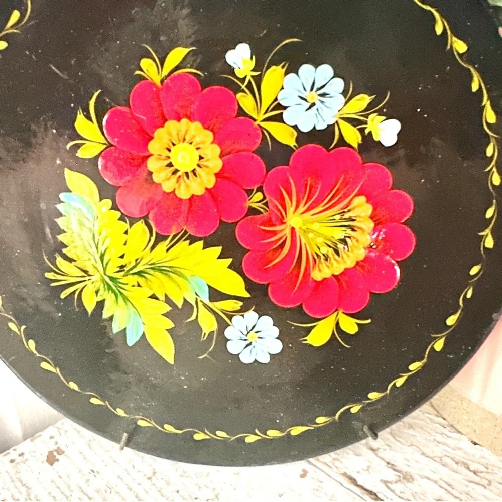Vintage Antique 1950’s Russian Folk Art Carved Painted Wood Flowers Decor Plate